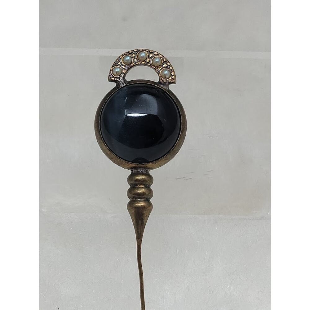 Antique Victorian Hematite Stick Pin Rhinestone Accent Art Nouveau Lapel Jewelry - Picture 5 of 7